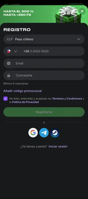 Pantalla de Lucky Star: formulario de registro en pesos chilenos con prefijo +56