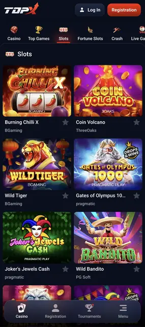 TopX en el móvil: sección de slots con Gates of Olympus 1000 y Wild Tiger